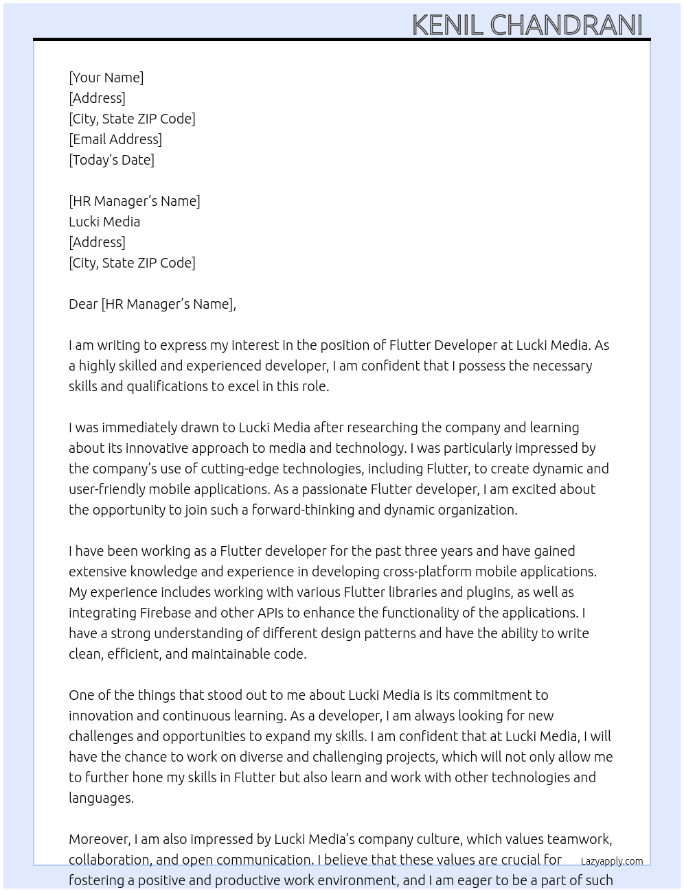 Flutter developer  At Lucki media  Cover Letter