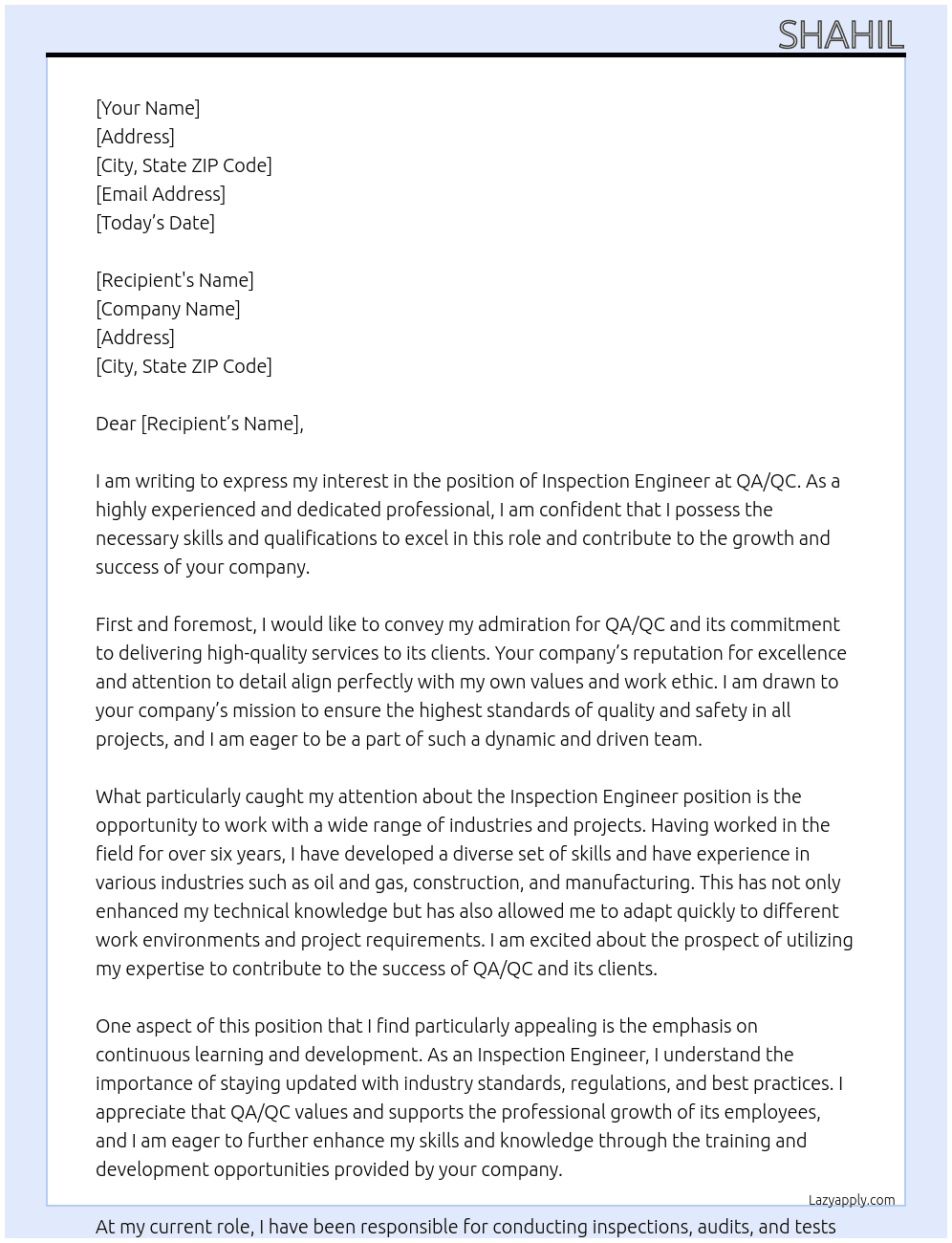Inspection Engineer At QA/QC Cover Letter