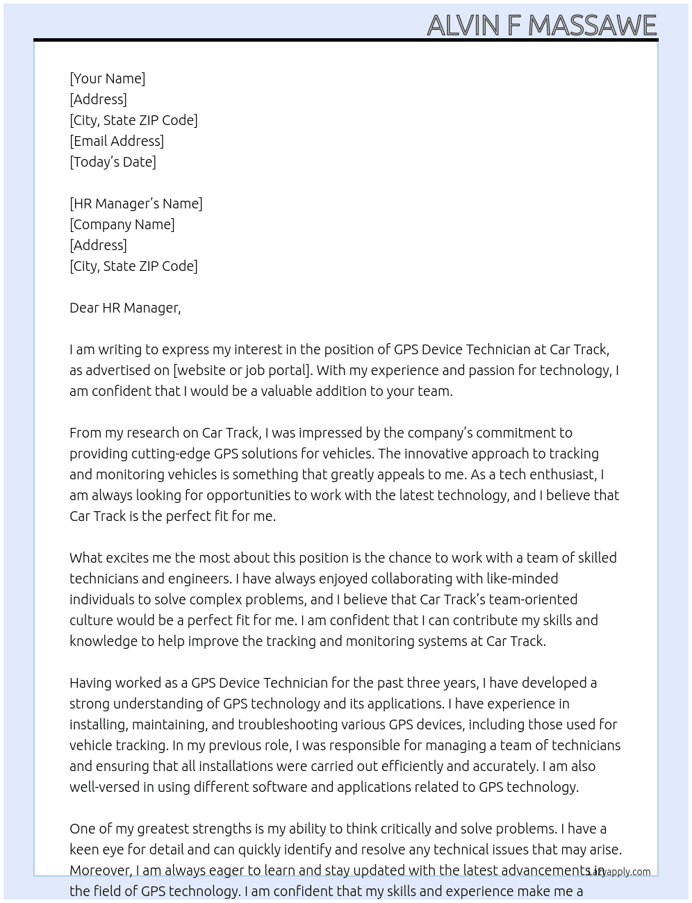 gps device technician  At car track Cover Letter