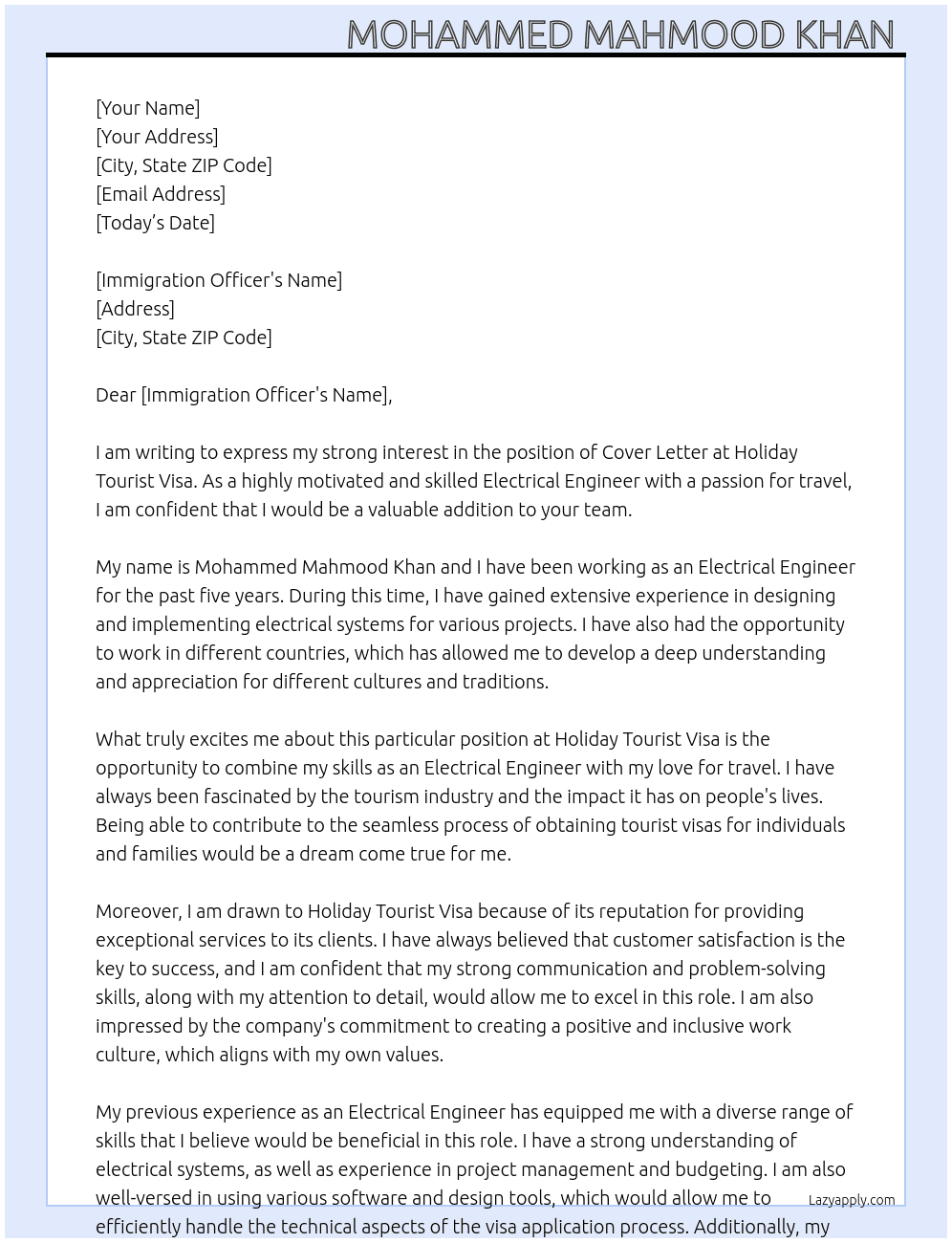 Cover letter  At Holiday tourist visa  Cover Letter