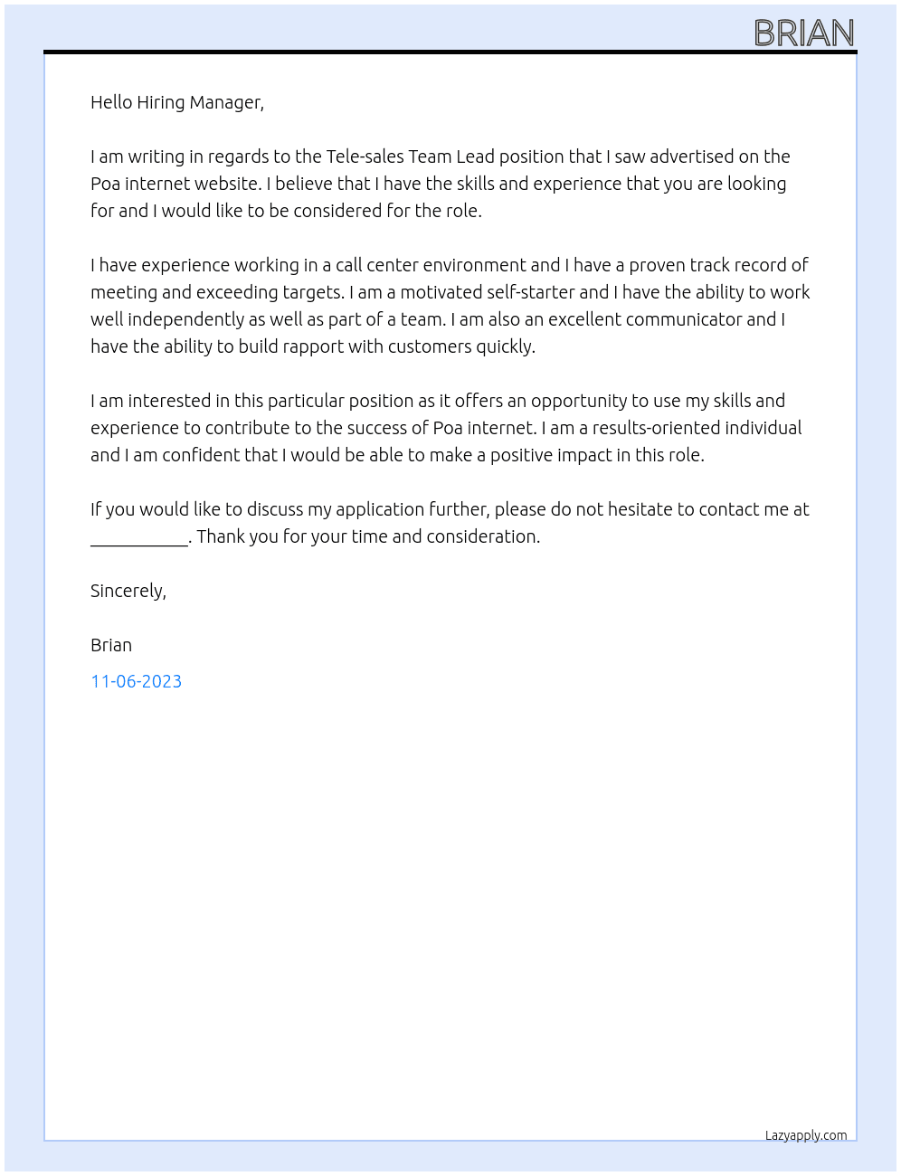 Tele-sales Team lead At Poa internet Cover Letter