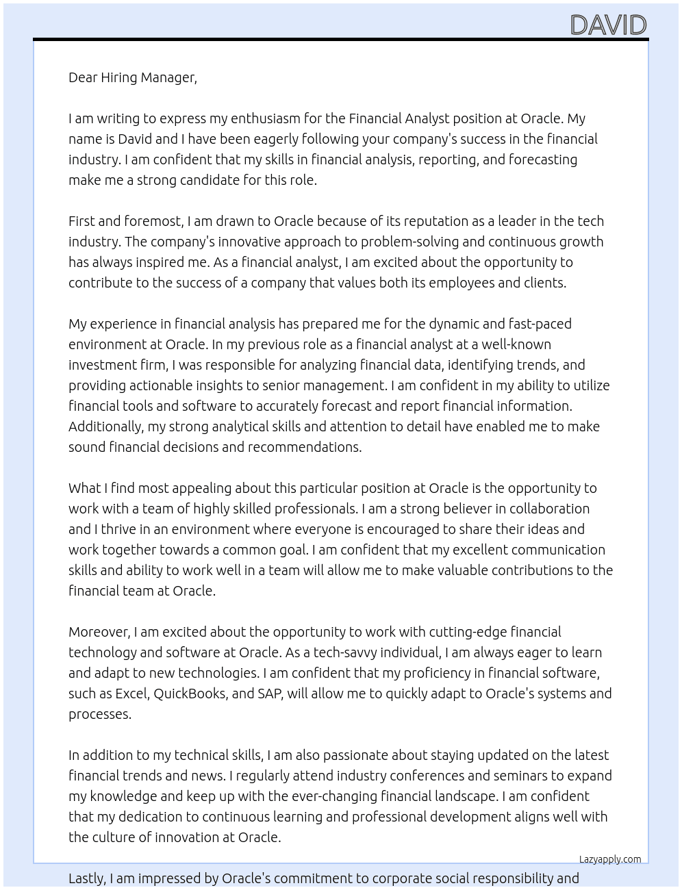 Cover letter for funancial analyst - LazyApply