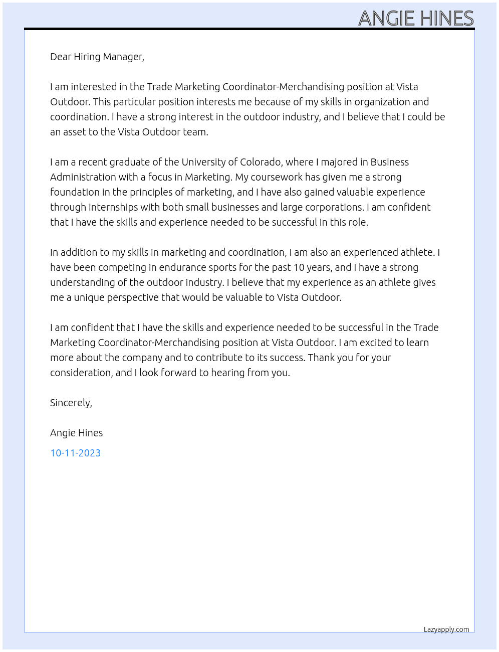 Trade Marketing Coordinator-Merchandising At Vista Outdoor Cover Letter