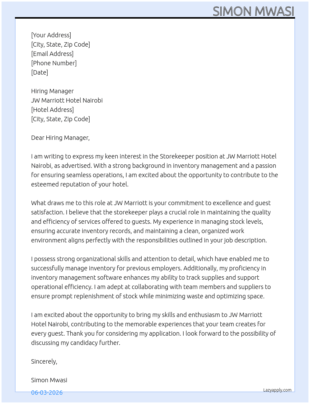 Storekeeper At JW Marriott Hotel Nairobi Cover Letter