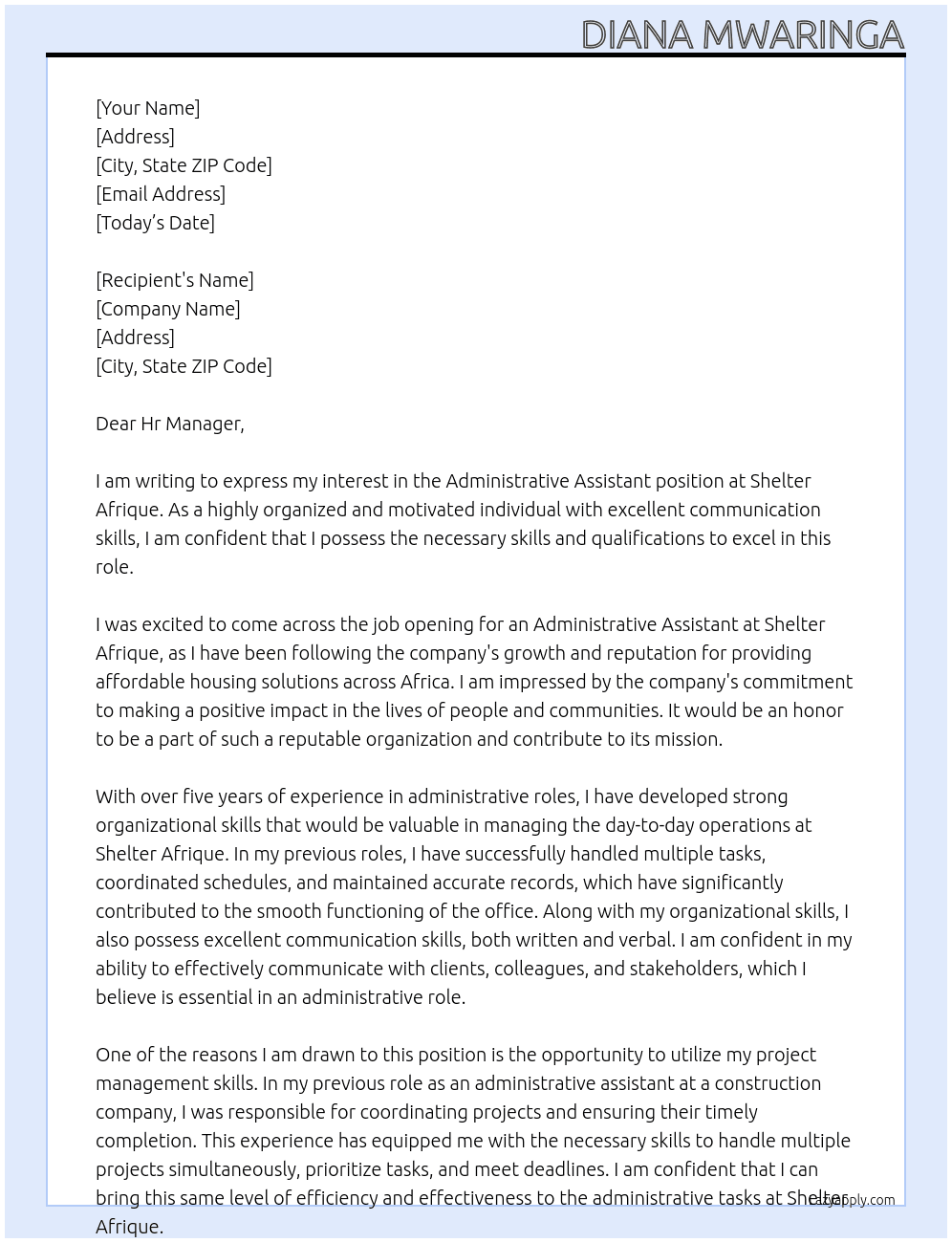 Administrative Assistant At Shelter Afrique Cover Letter