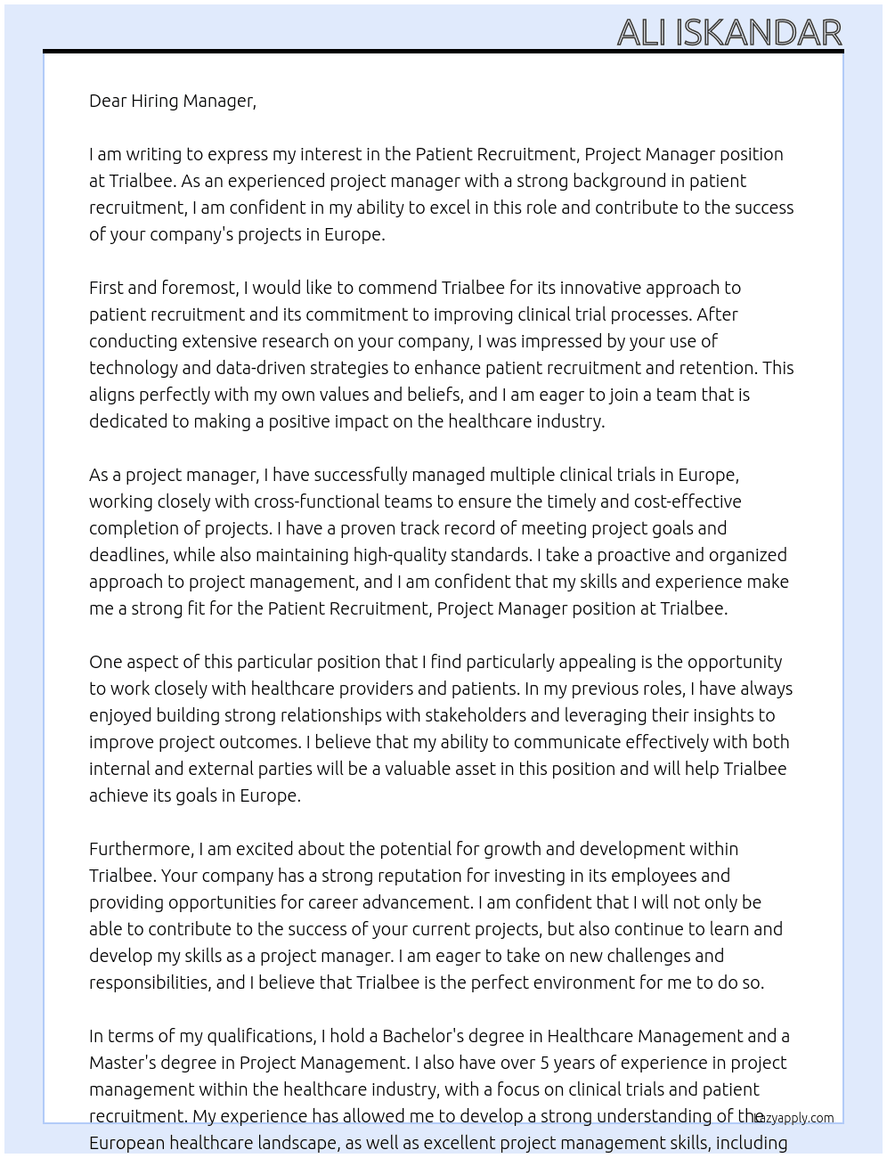 Cover letter for patient recruitment, project manager, europe - LazyApply