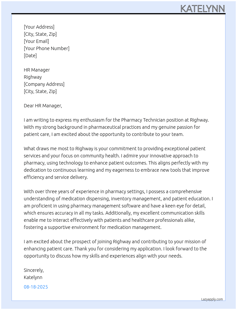 Pharmacy Technician At Righway Cover Letter