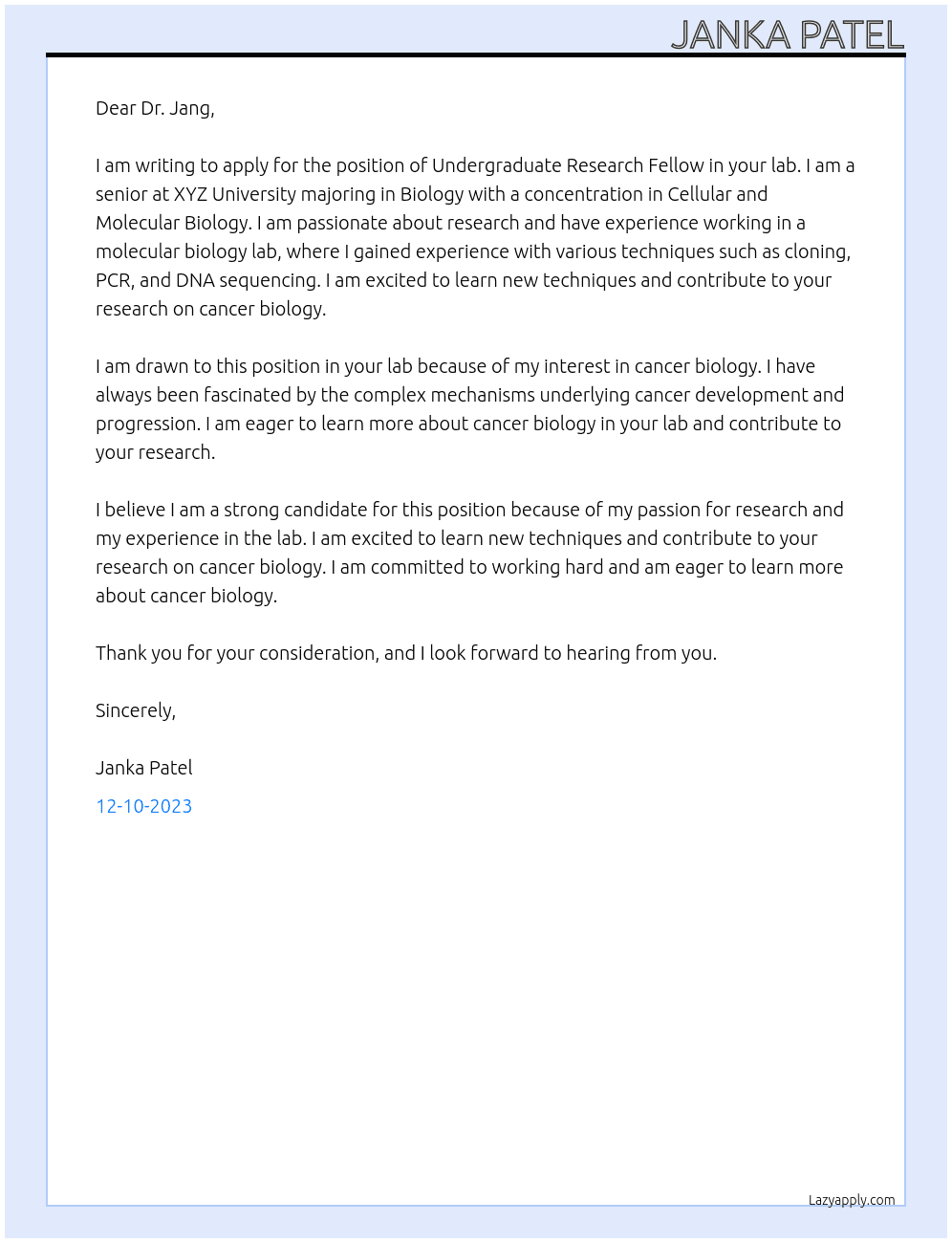 Undergraduate research fellow At The Jang lab Cover Letter