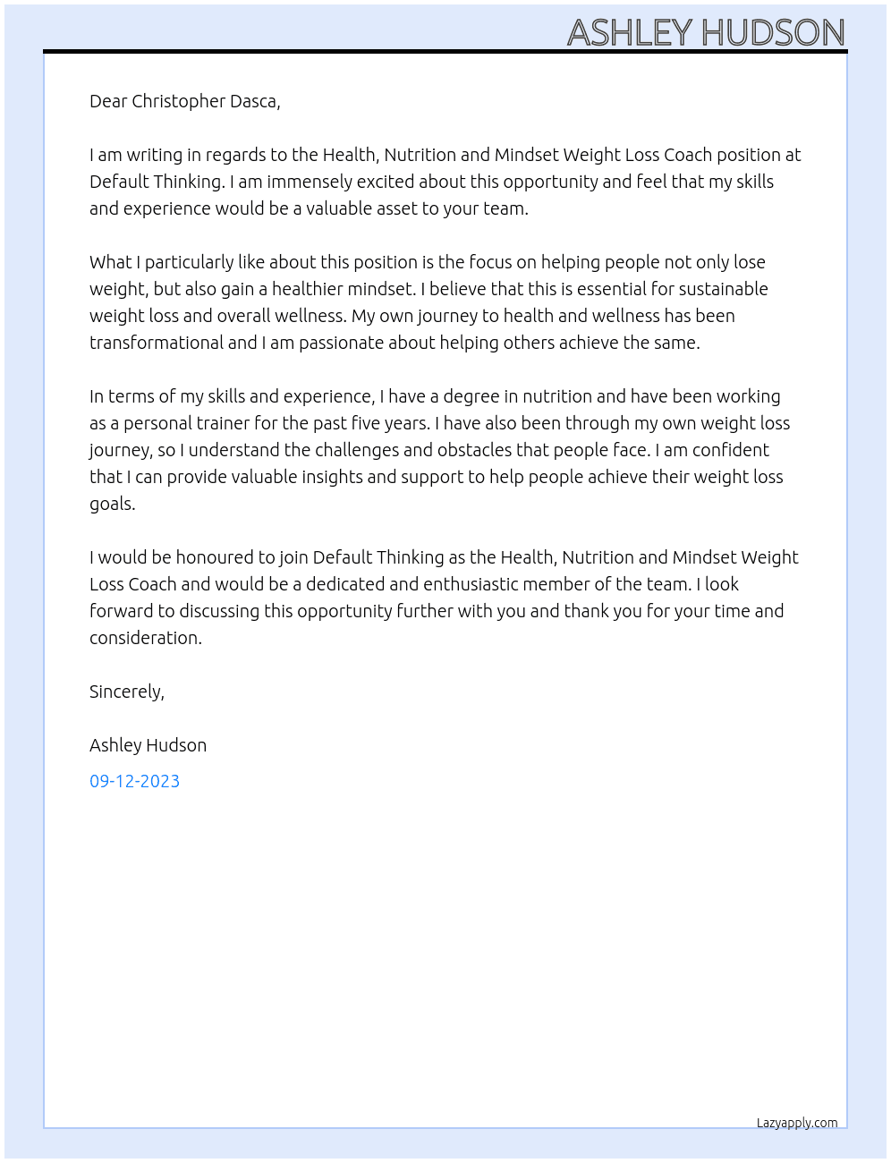 Health, Nutrition and Mindset Weight Loss Coach At Default Thinking Cover Letter