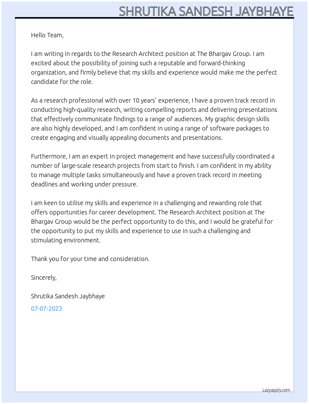 Research Architect  At The Bhargav Group Cover Letter