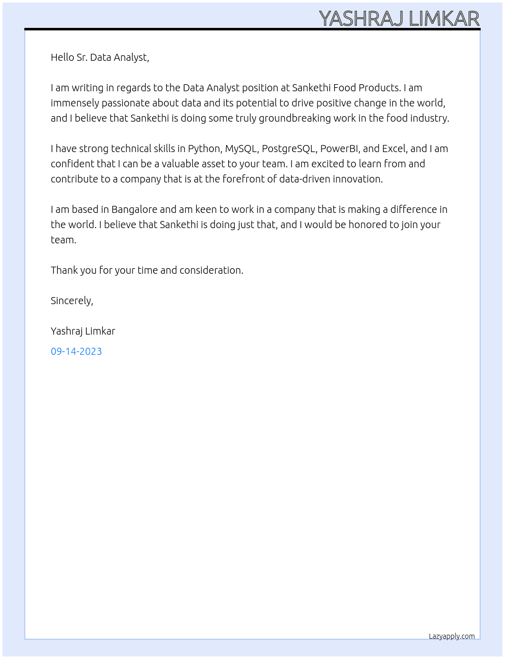 Data Analyst At Sankethi Food Products Cover Letter