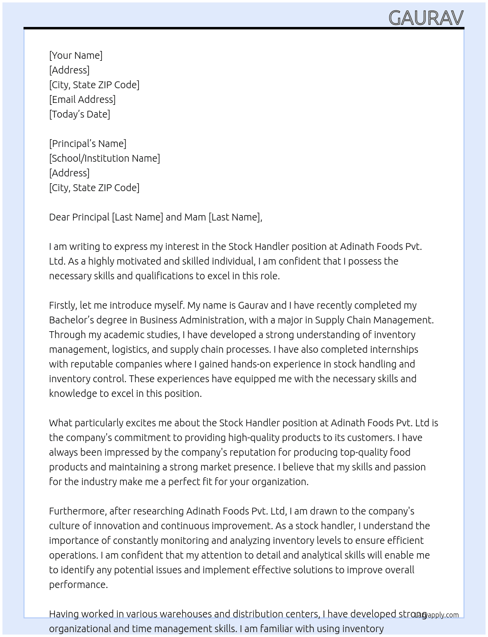Stock handeler At Adinath foods pvt ltd Cover Letter