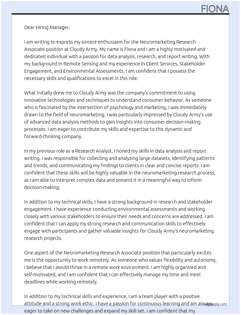 Neuromarketing research Associate At Cloudy Army Cover Letter