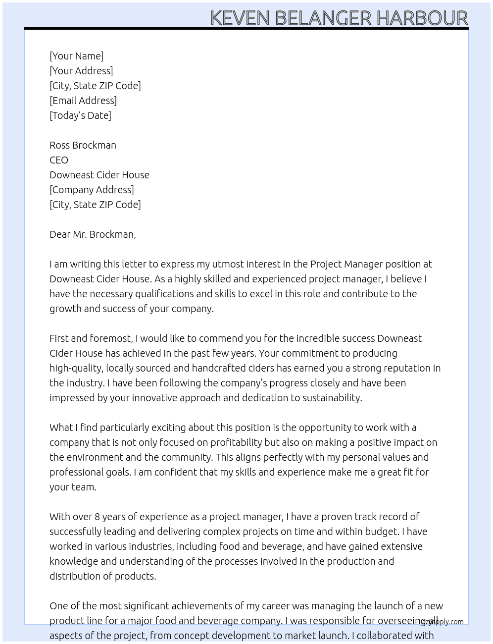 Project Manager At Downeast Cider House Cover Letter