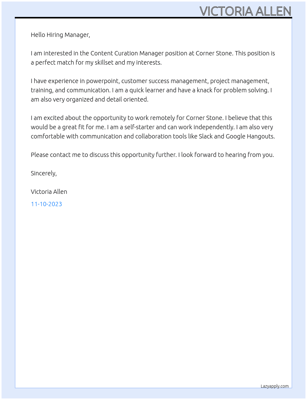 Content Curation Manager At Corner Stone Cover Letter