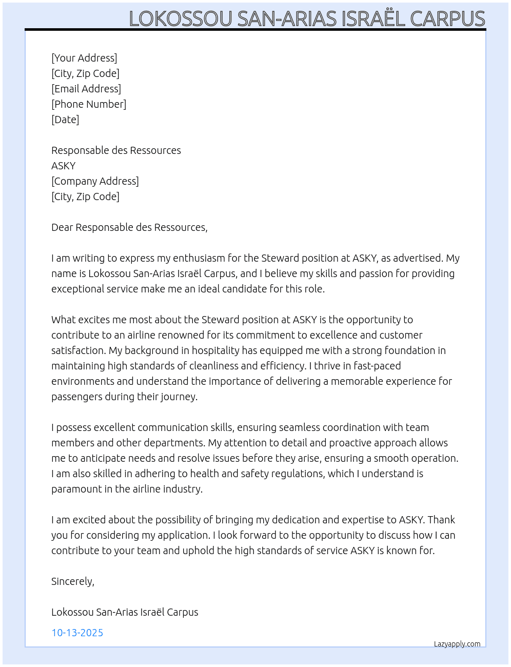 Steward  At ASKY Cover Letter