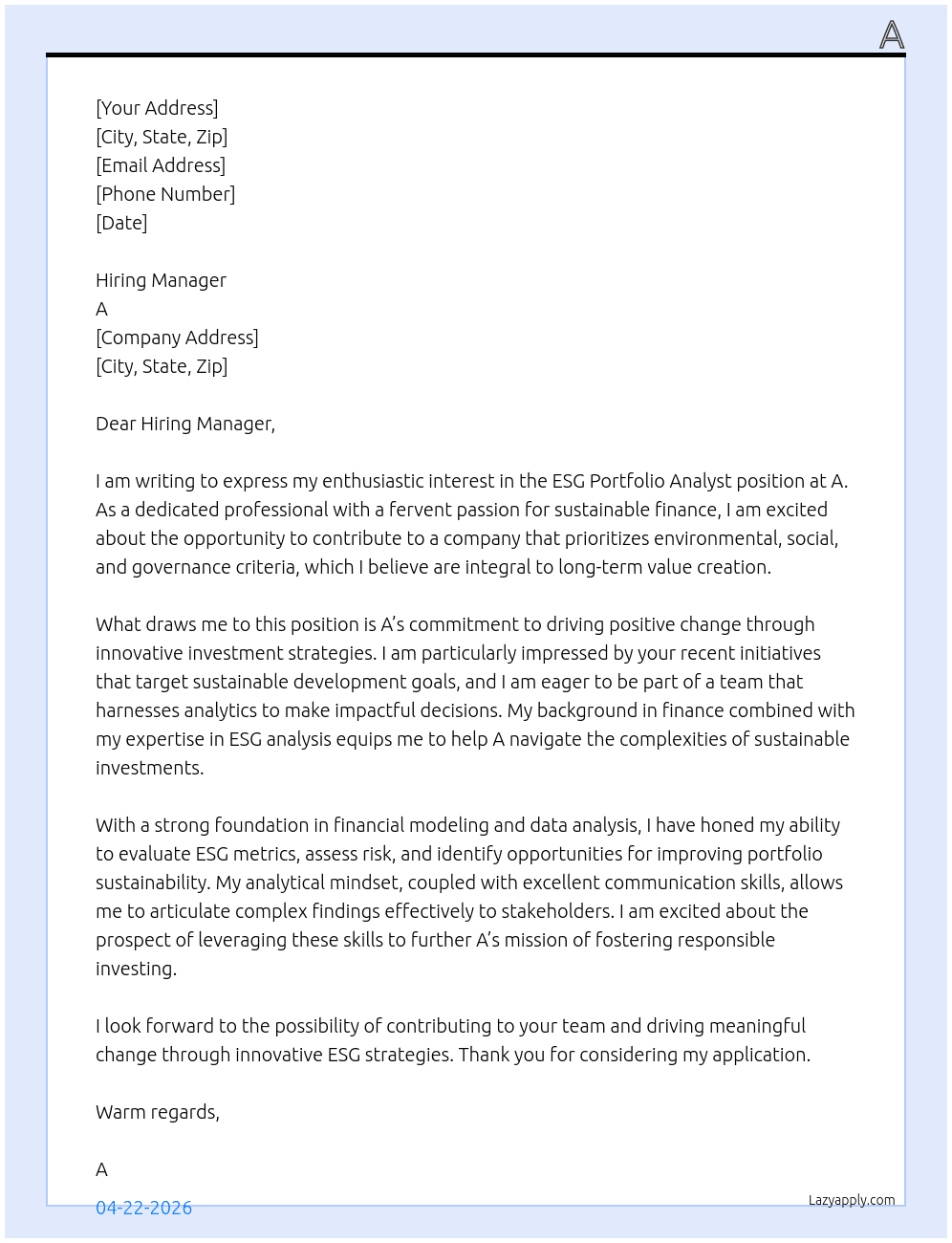 Cover letter for esg portfolio analyst - LazyApply