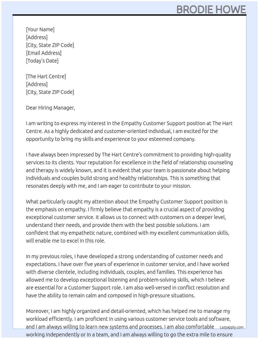 empathy Customer Support At The Hart Centre Cover Letter
