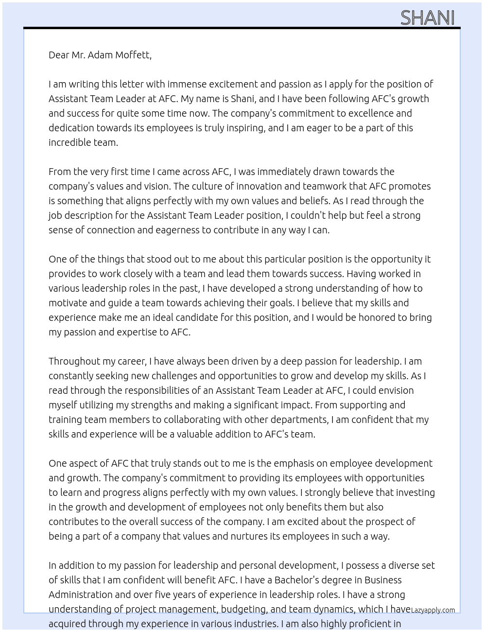 Assistant Team Leader At AFC Cover Letter