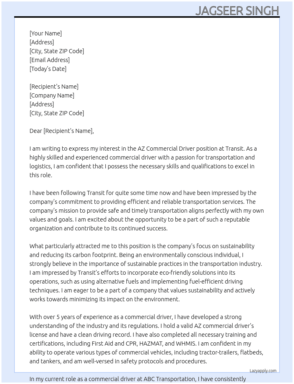 AZ commercial driver At transit Cover Letter