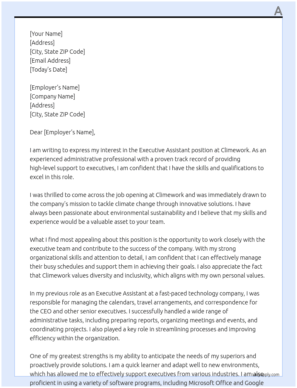 Executive Assistant At climework Cover Letter
