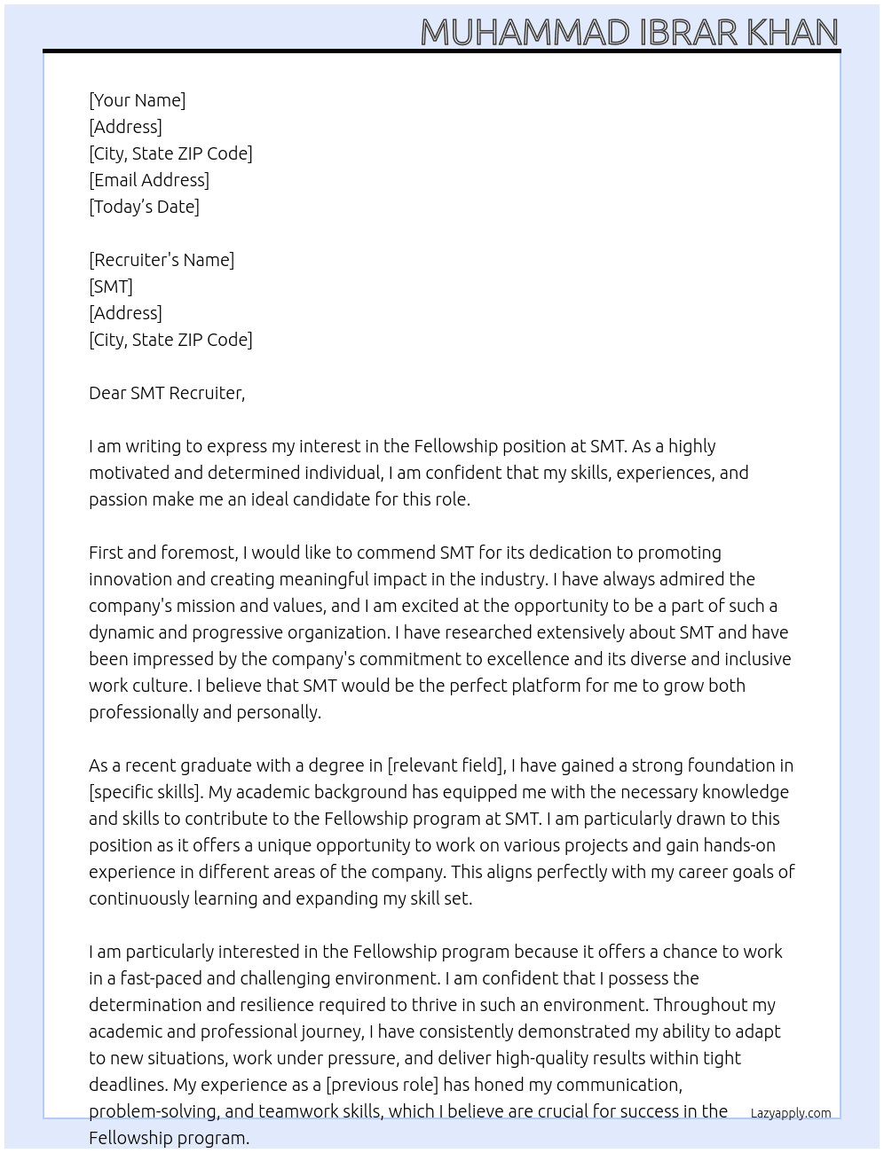 Fellowship At SMT Cover Letter