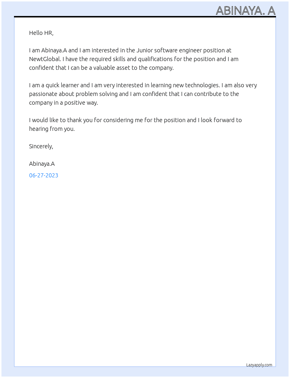 Junior software engineer  At NewtGlobal Cover Letter