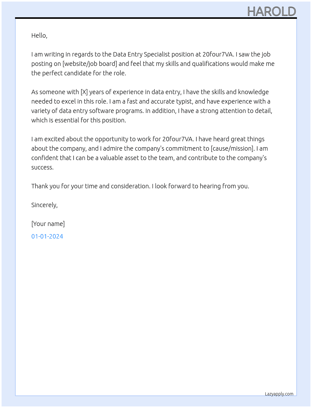 data entry specialist At 20four7VA Cover Letter