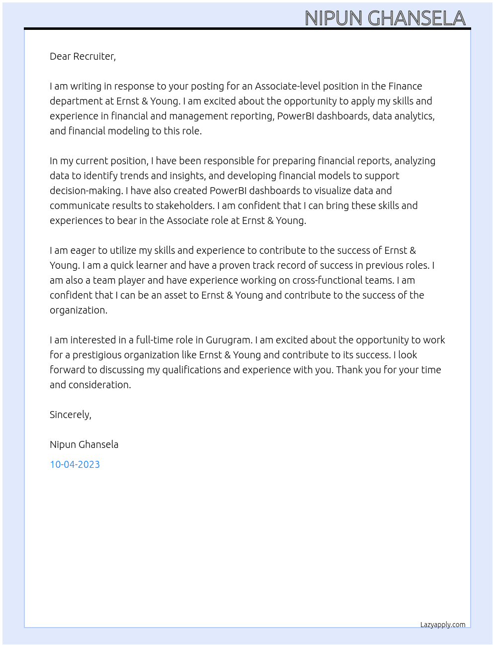 Associate - Finance At Ernst & Young Cover Letter