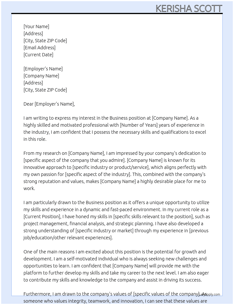 Business At unknown Cover Letter
