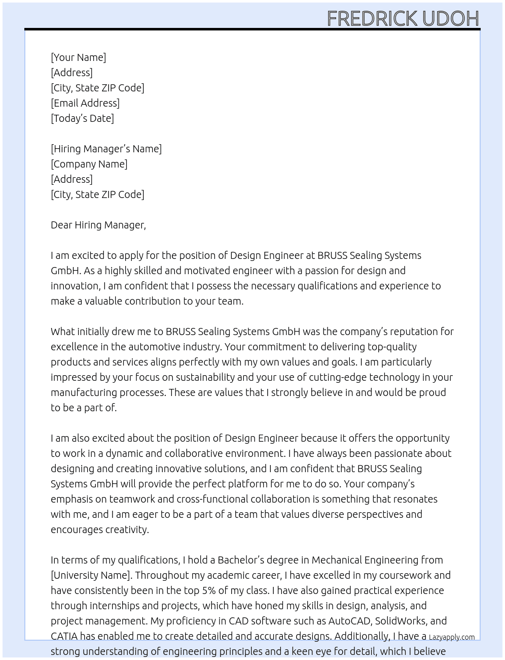 Design Engineer At BRUSS Sealing Systems GmbH Cover Letter