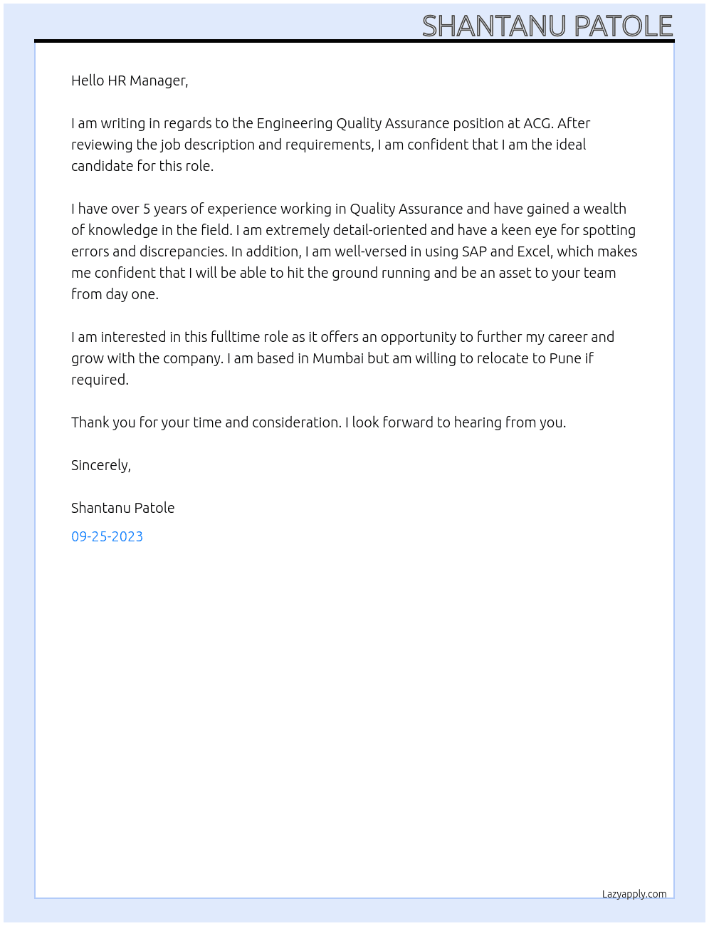 Engineering Quality Assurance  At ACG Cover Letter