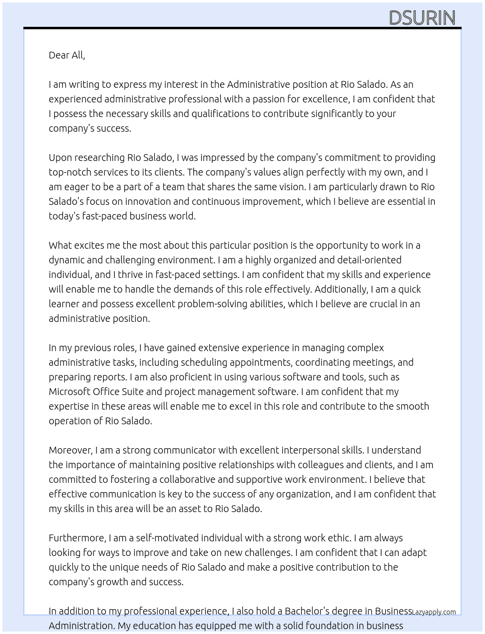 Administrative  At Rio Salado  Cover Letter
