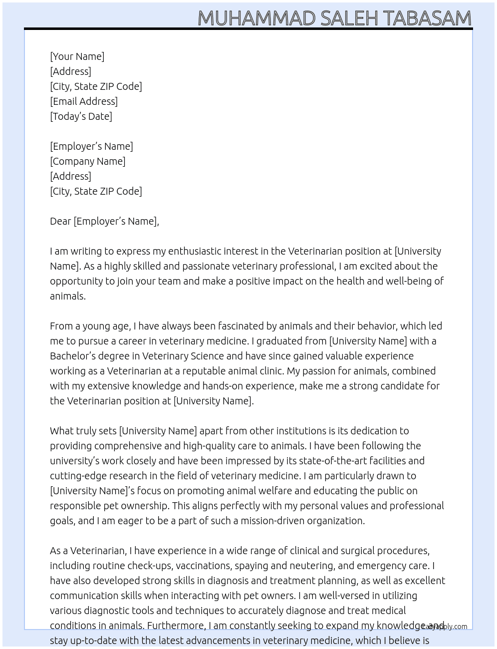 Veterinarian At University Cover Letter