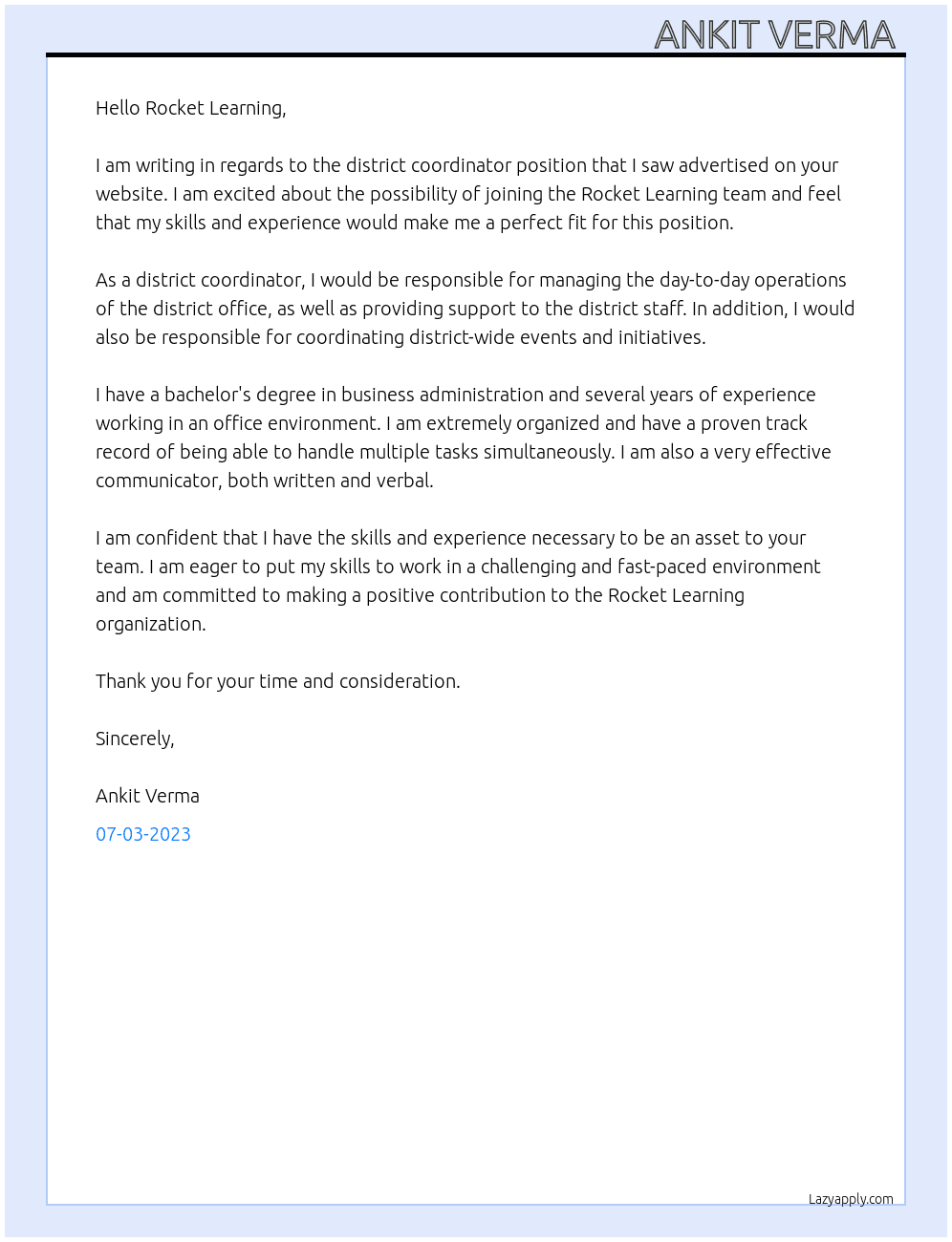 District Coordinator At Rocket Learning Cover Letter