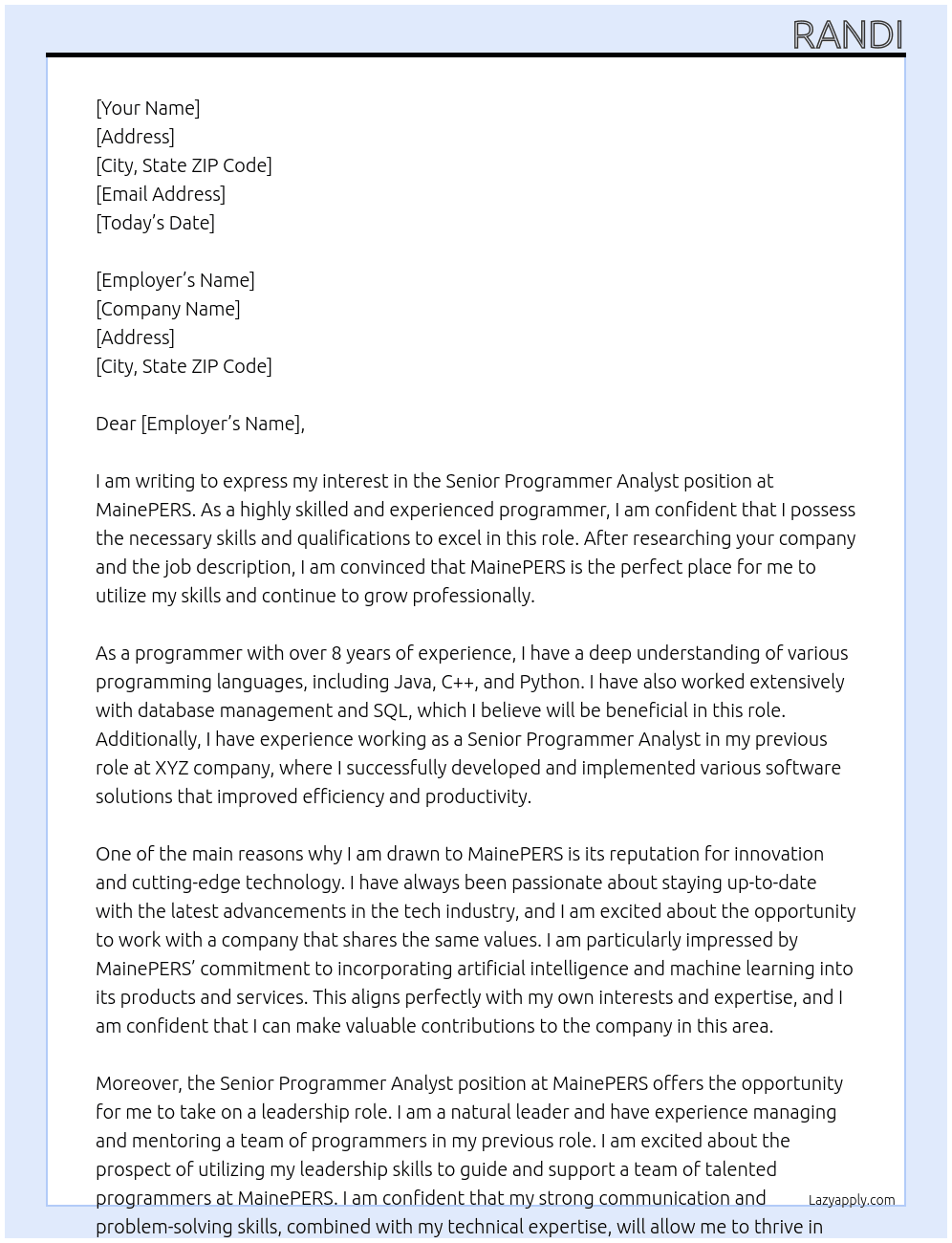 Senior Programmer Analyst At MainePERS Cover Letter