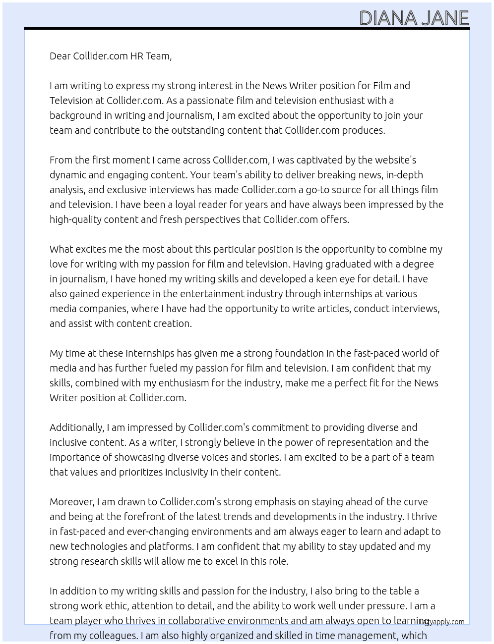 News Writer: Film&Television At Collider.com Cover Letter