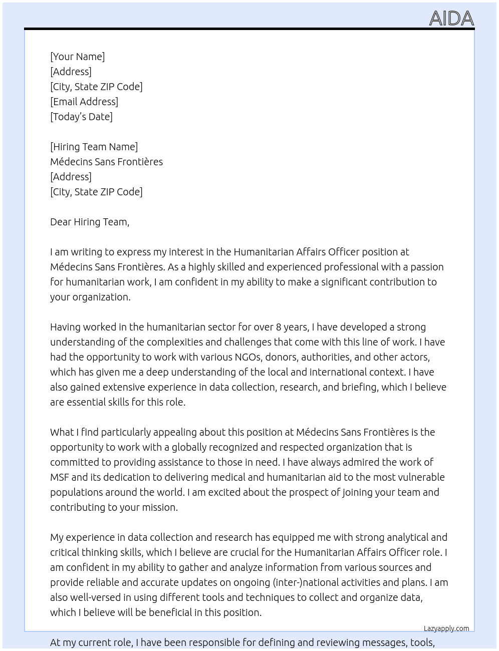Humanitarian Affairs Officer At Médecins Sans Frontières Cover Letter