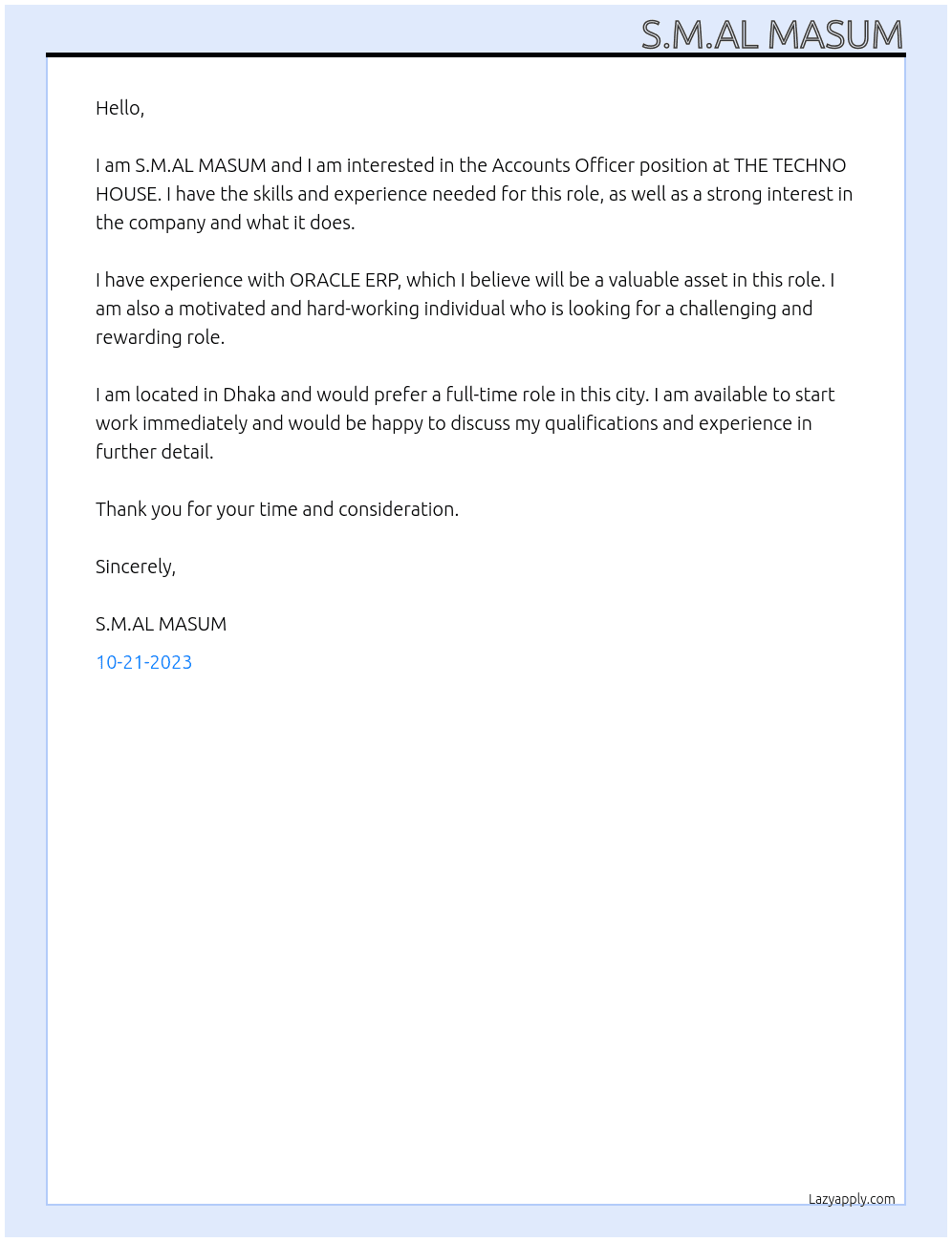 Accounts Officer At THE TECHNO HOUSE Cover Letter