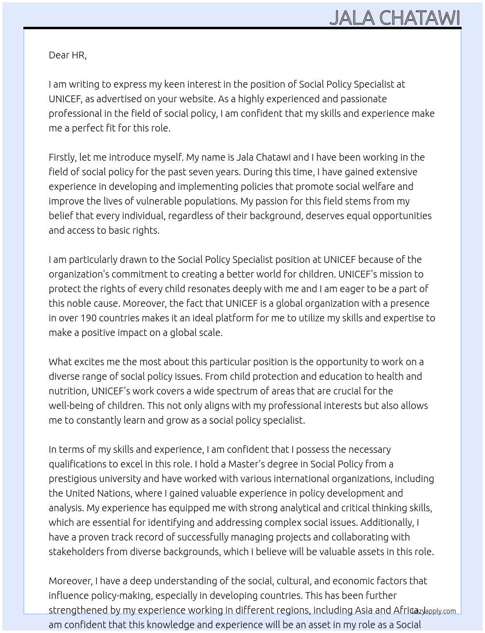 Cover letter for social policy specialist - LazyApply