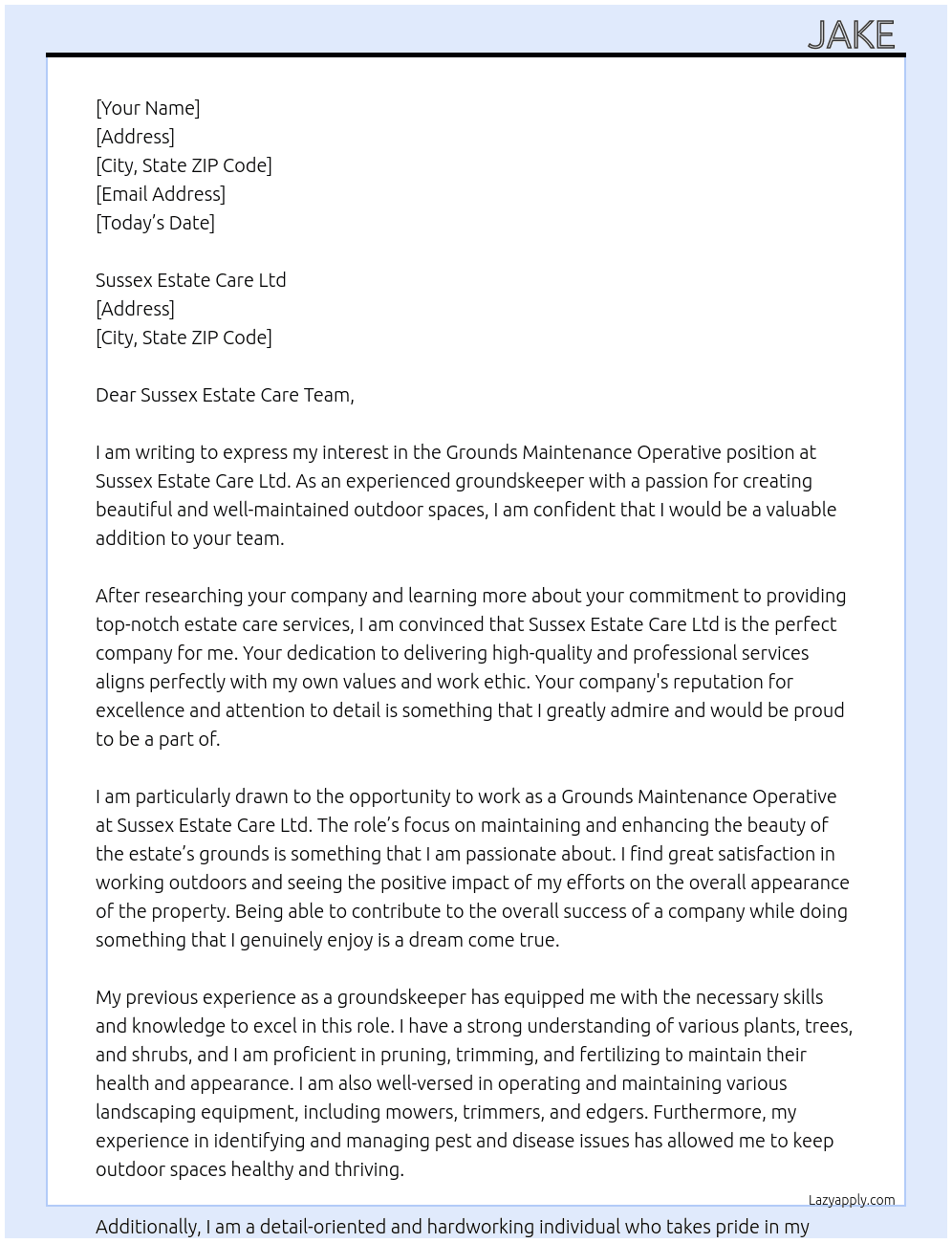 Grounds Maintenance Operative At Sussex Estate Care Ltd Cover Letter