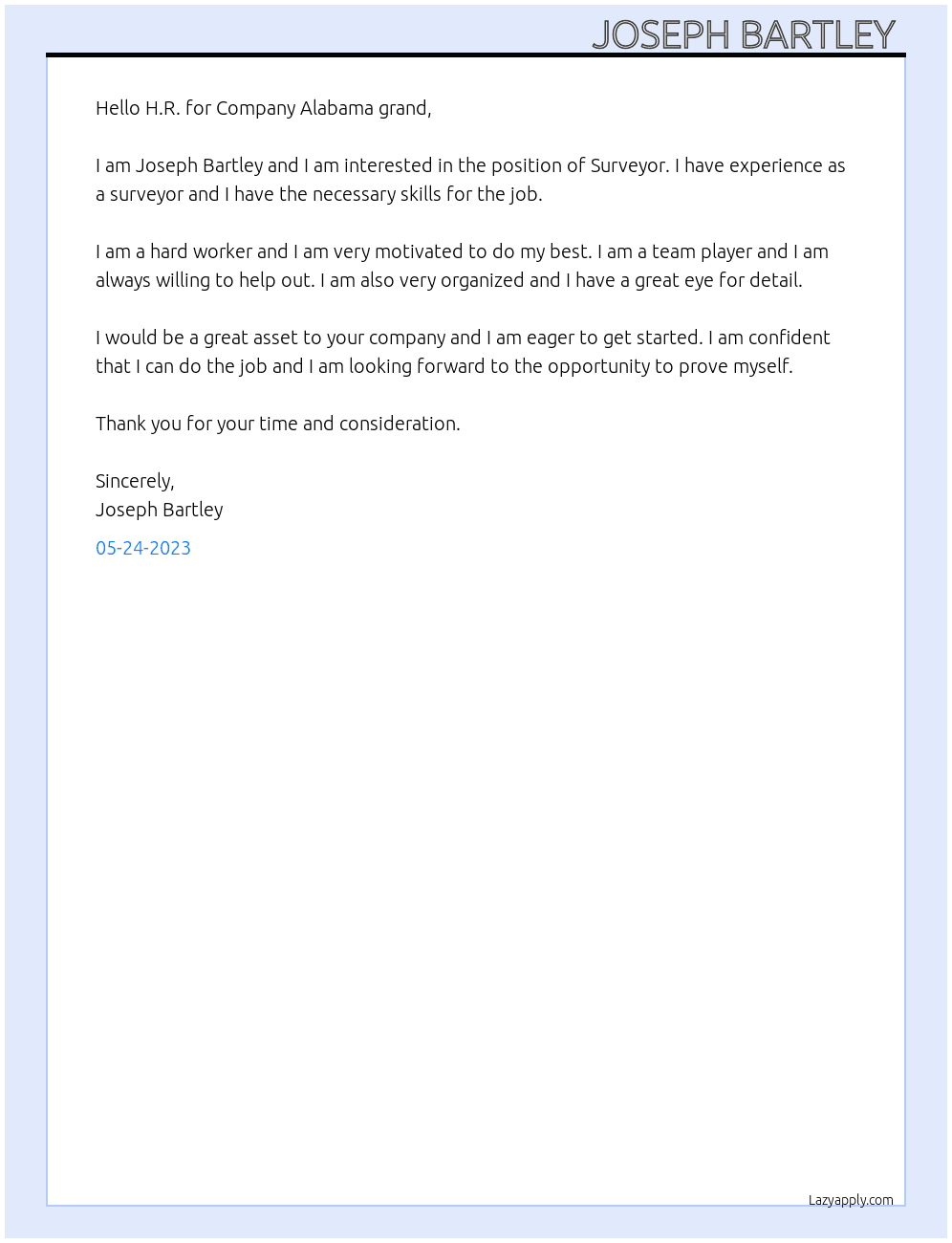 Surveyor  At Alabama grand  Cover Letter