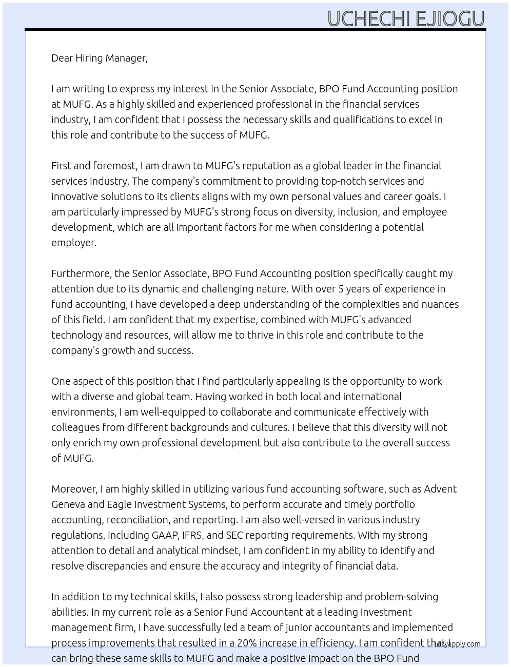 Senior Associate, BPO Fund Accounting At MUFG Cover Letter