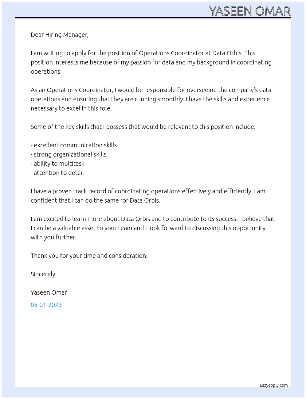 Operations coordinator  At Data Orbis Cover Letter