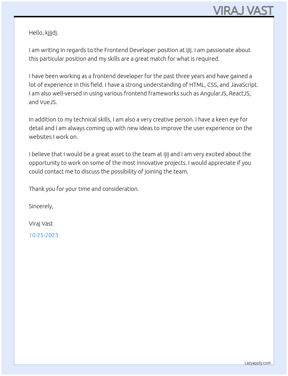 Frontend Developer At ijij Cover Letter