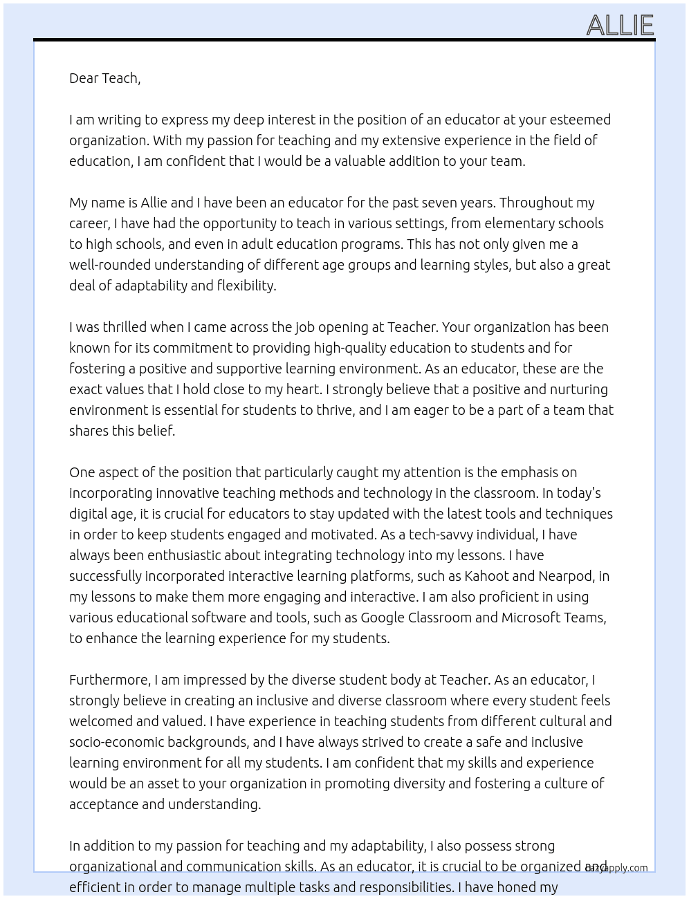 educator At teacher Cover Letter