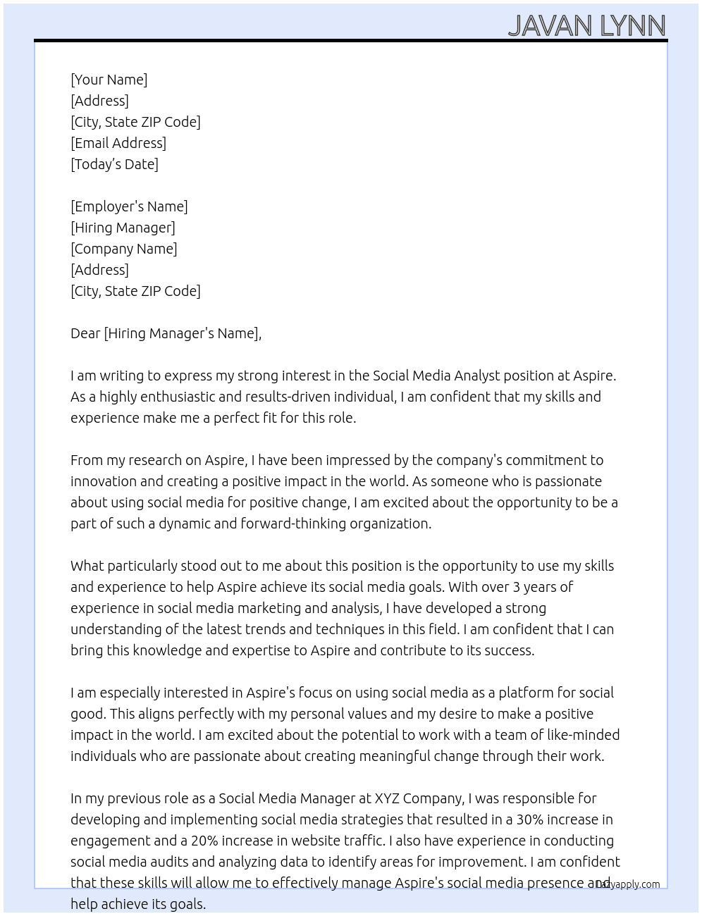 Social Media Analyst  At Apsire Cover Letter