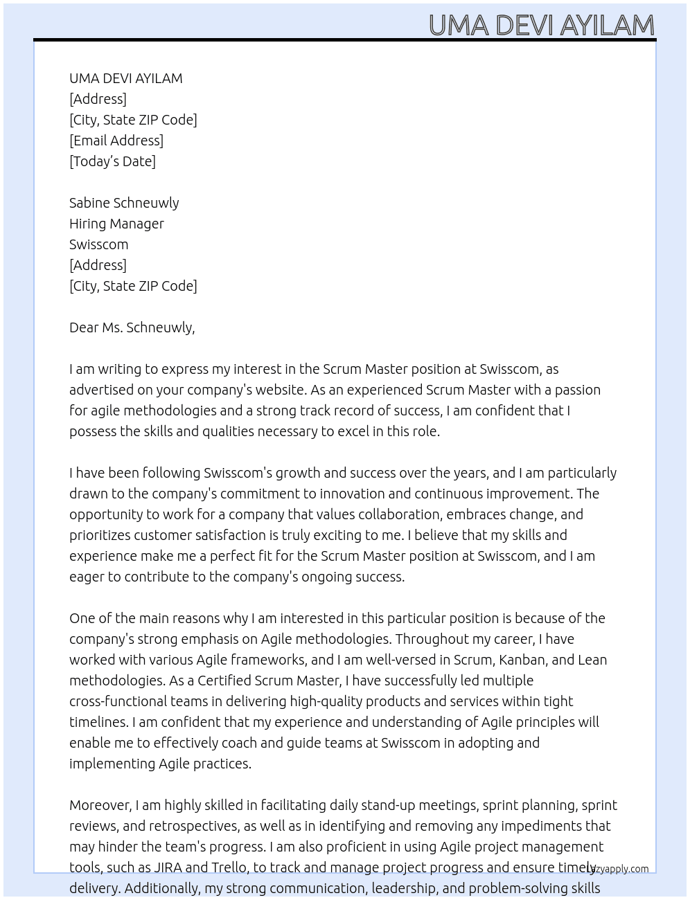 Scrum Master At swisscom Cover Letter