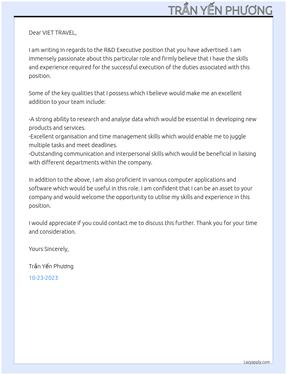 R&D EXECUTIVE At VIET TRAVEL Cover Letter