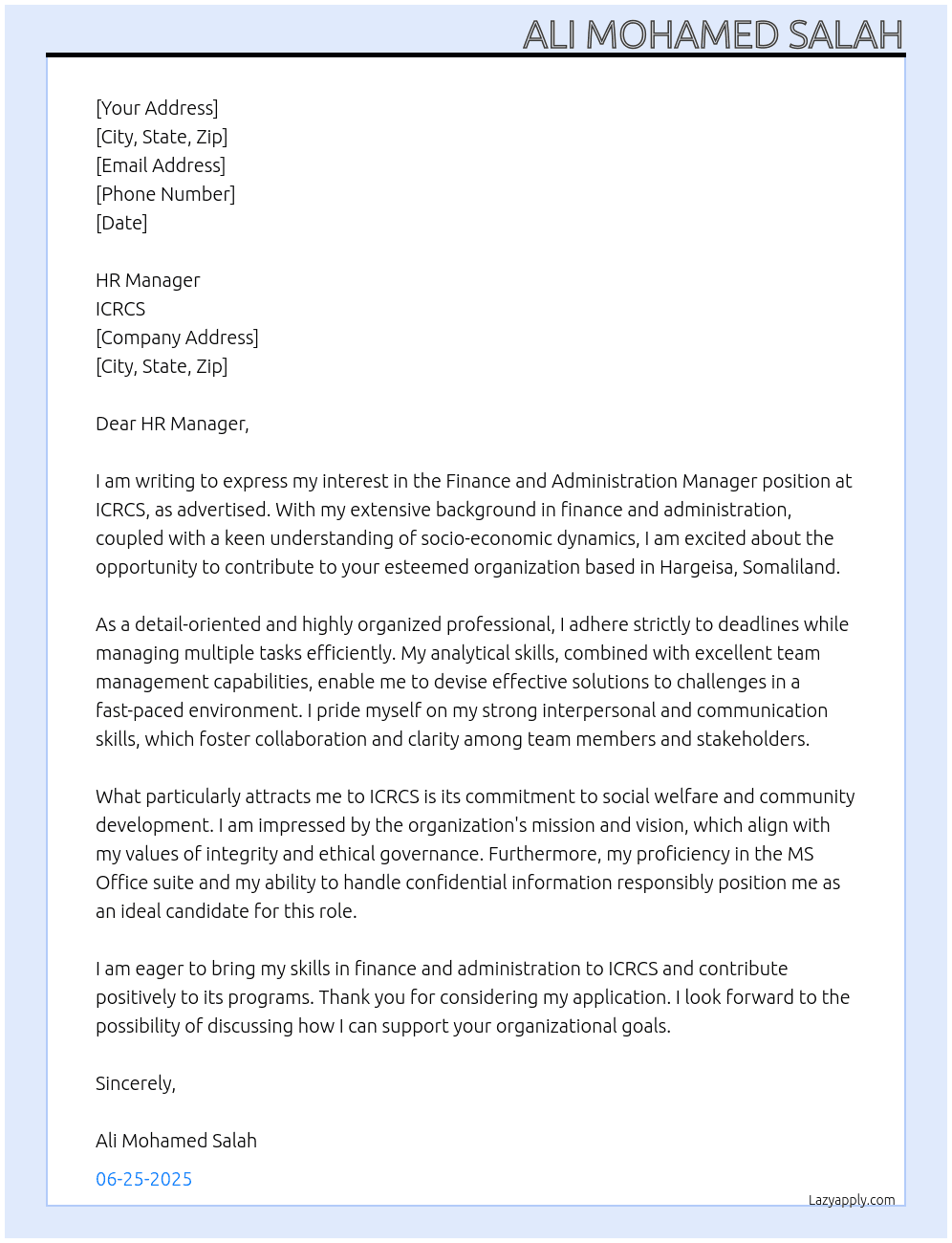 Finance and Administration Manager  At ICRCS  Cover Letter